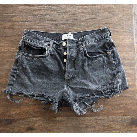 Agolde Parker Shorts Black Button Fly Raw Hem Distressed 27